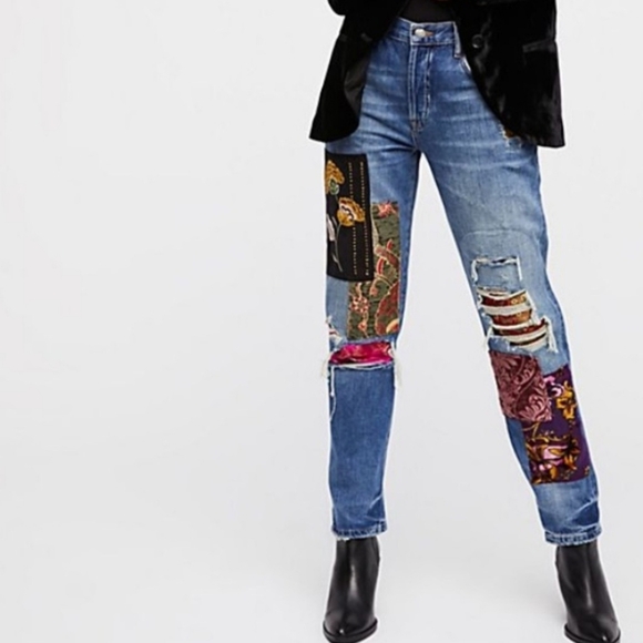 Free People Embellished Patchwork Luxe Boyfriend Jeans Size 25 - Picture 2 of 14